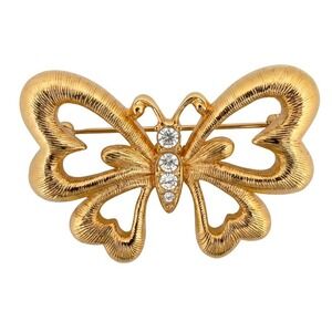 Vintage Monet Butterfly Brooch Gold Tone Heart Cutout Wings Clear Rhinestones